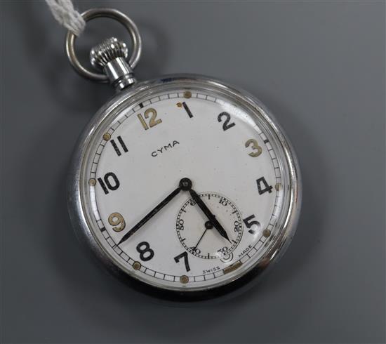 A chrome cased Cyma military pocket watch, case back engraved G.S.T.P. T 4782.